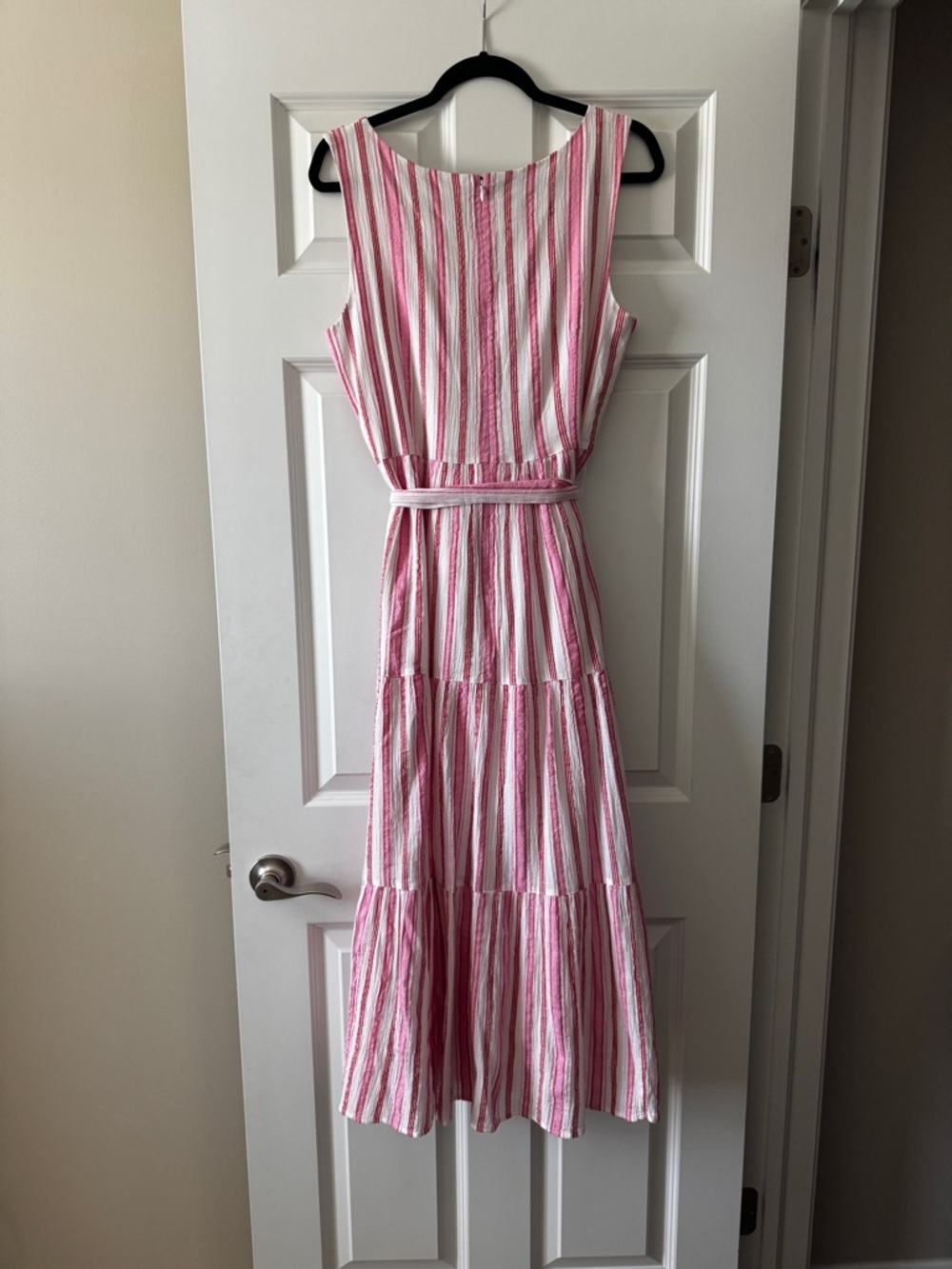 Talbots Cotton Pink Red & White Striped Sleeveless Maxi Dress with Waist Tie 12 - Picture 3 of 3